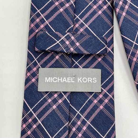 Michael Kors Plaid Necktie Tie Navy Blue Pink Silk Blend‎ - Picture 4 of 6